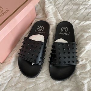 NWT black studded rubber slides